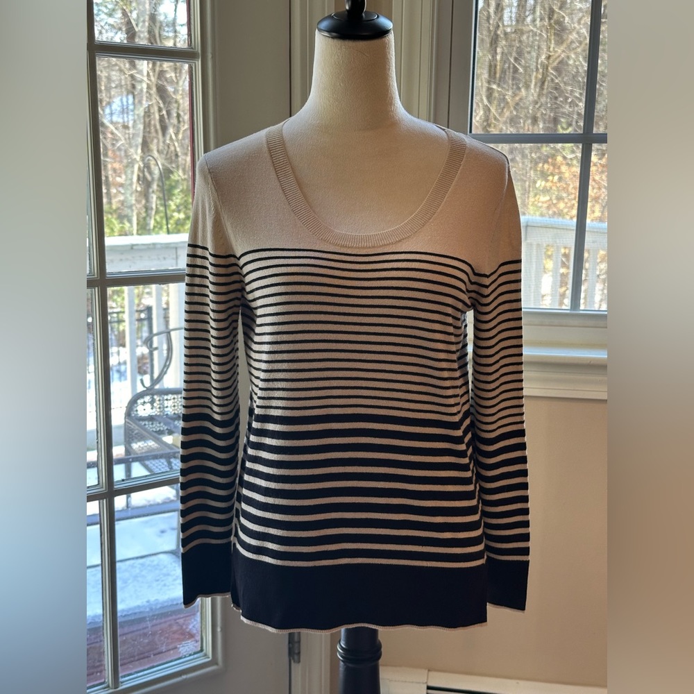 LOFT beige with graduated black stripes Crew Neck Sweater